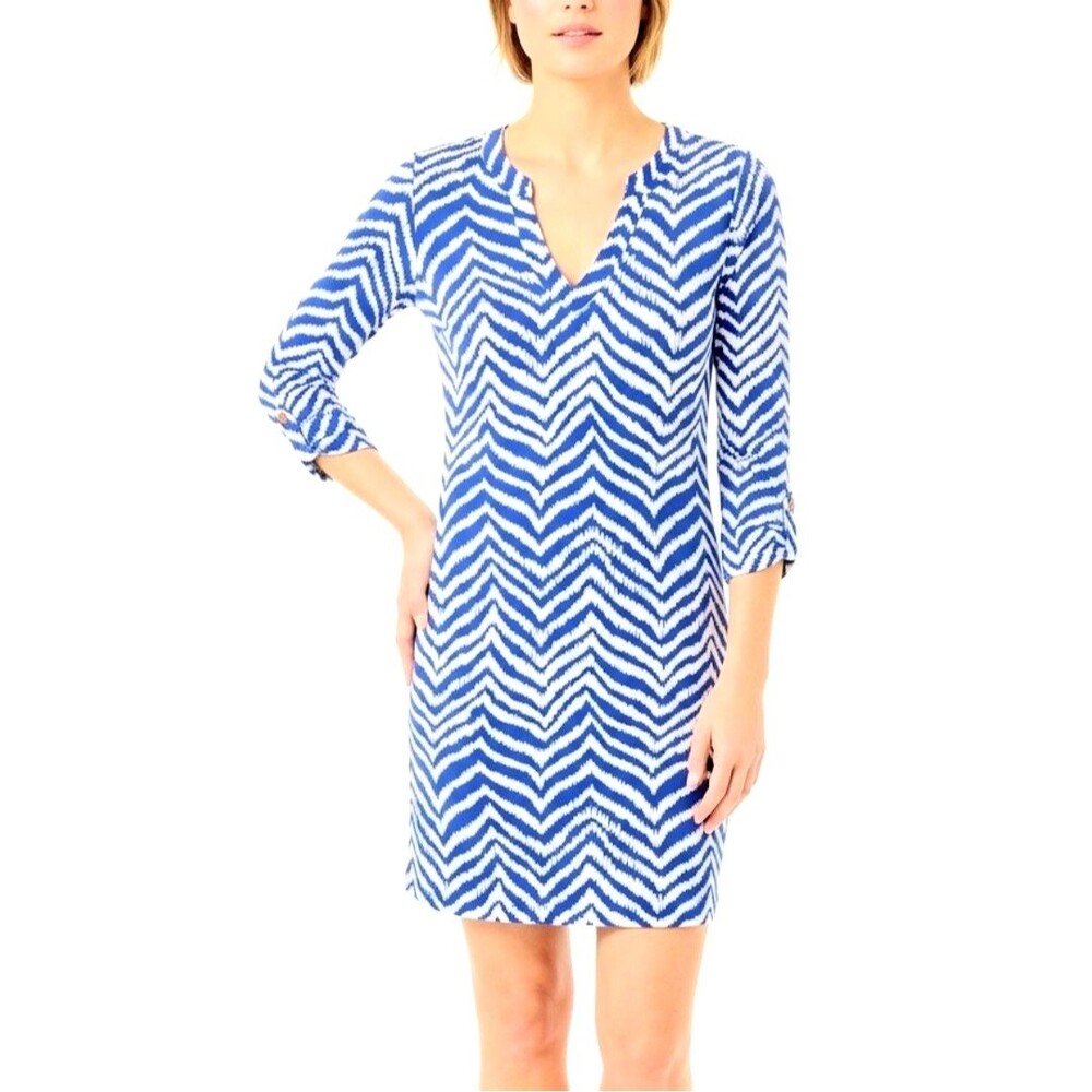 LILLY PULITZER Dress Rossmore Pima Cotton V-Neck Sheath Blue Chevron Women Small